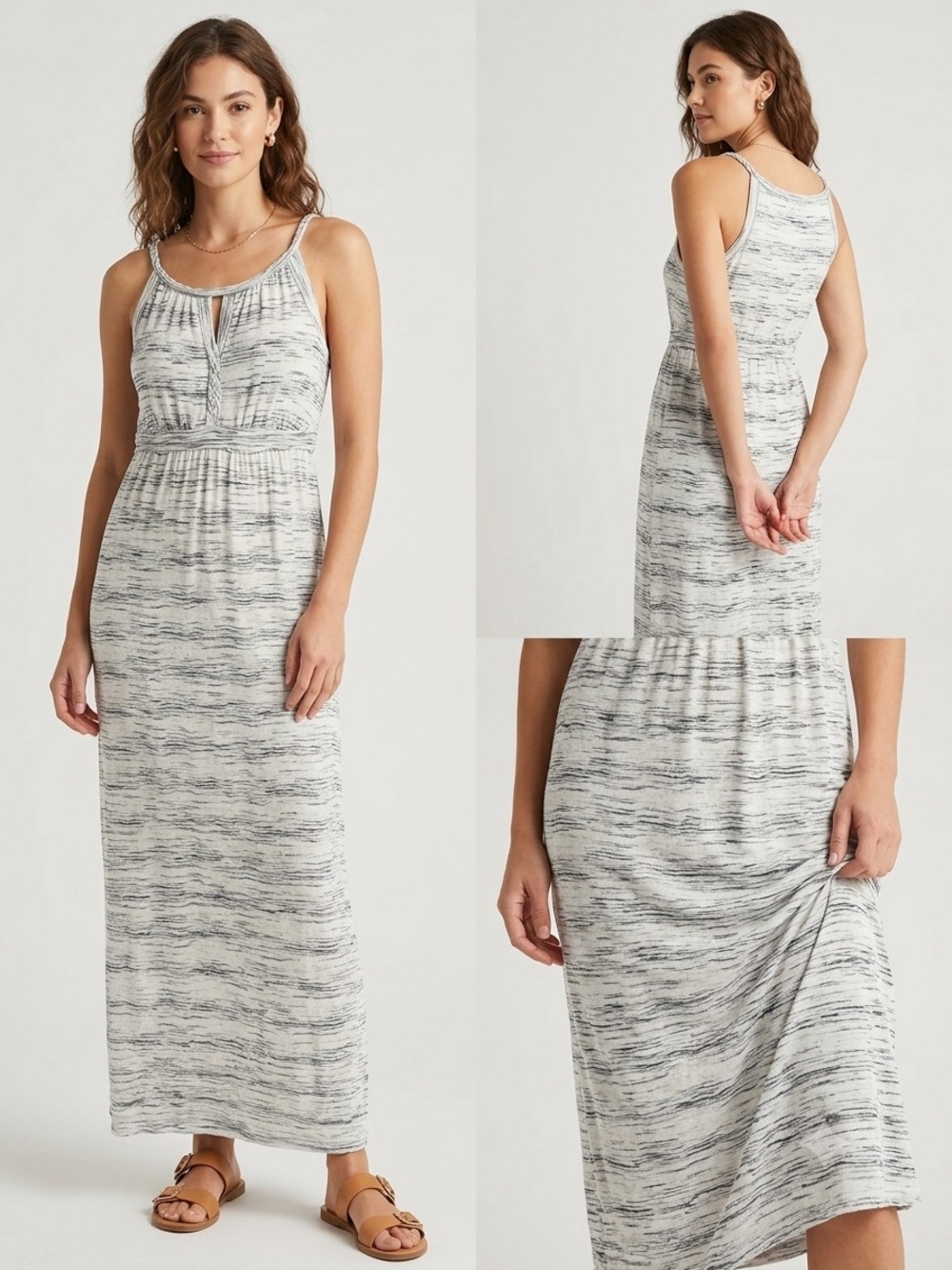 Max Studio Heathered White and Gray Striped Keyhole Maxi Dress